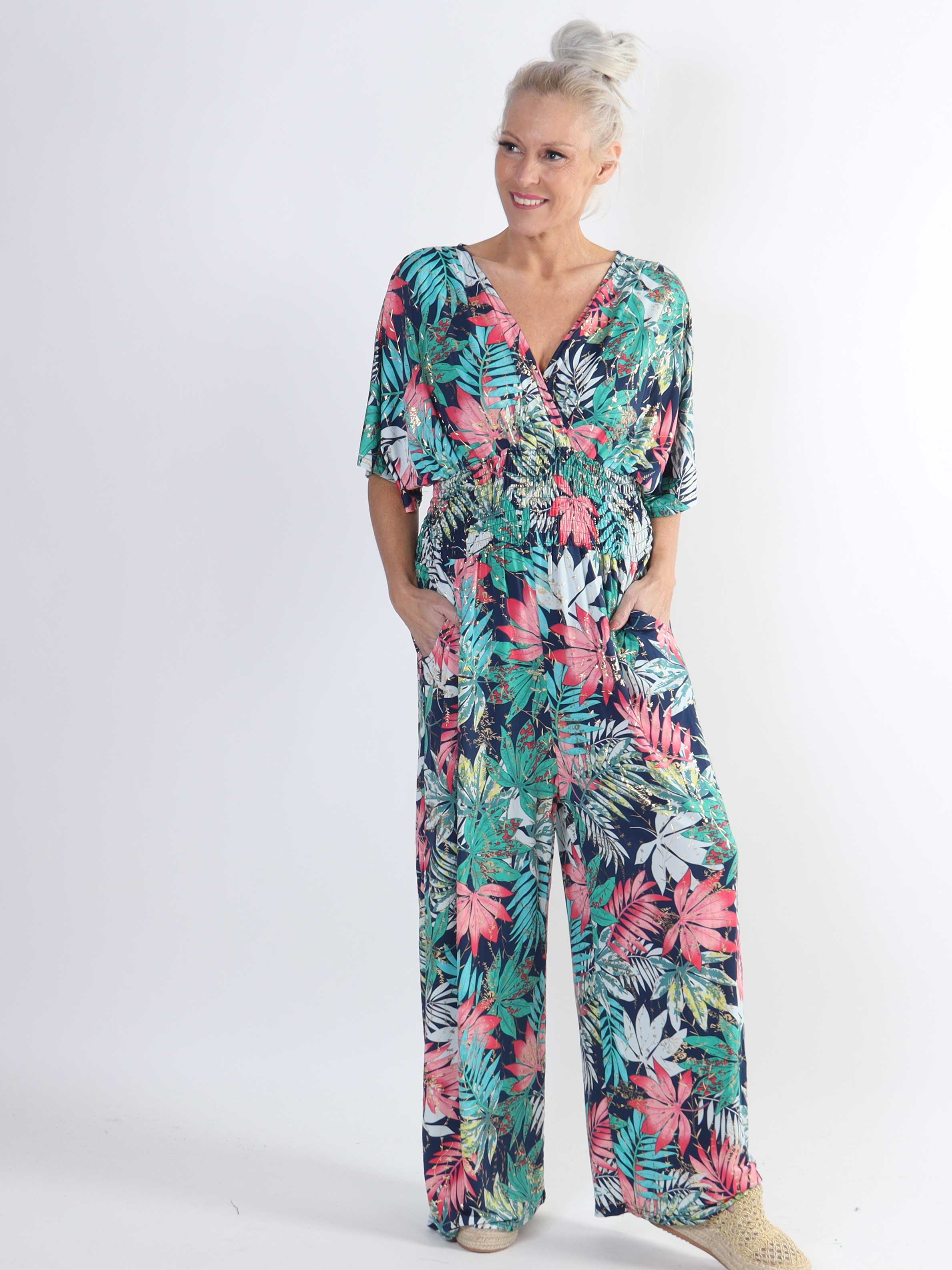 Pams Leaf Jumpsuit - Jumpsuit med resår och bladmönster i stora storlekar - Brown